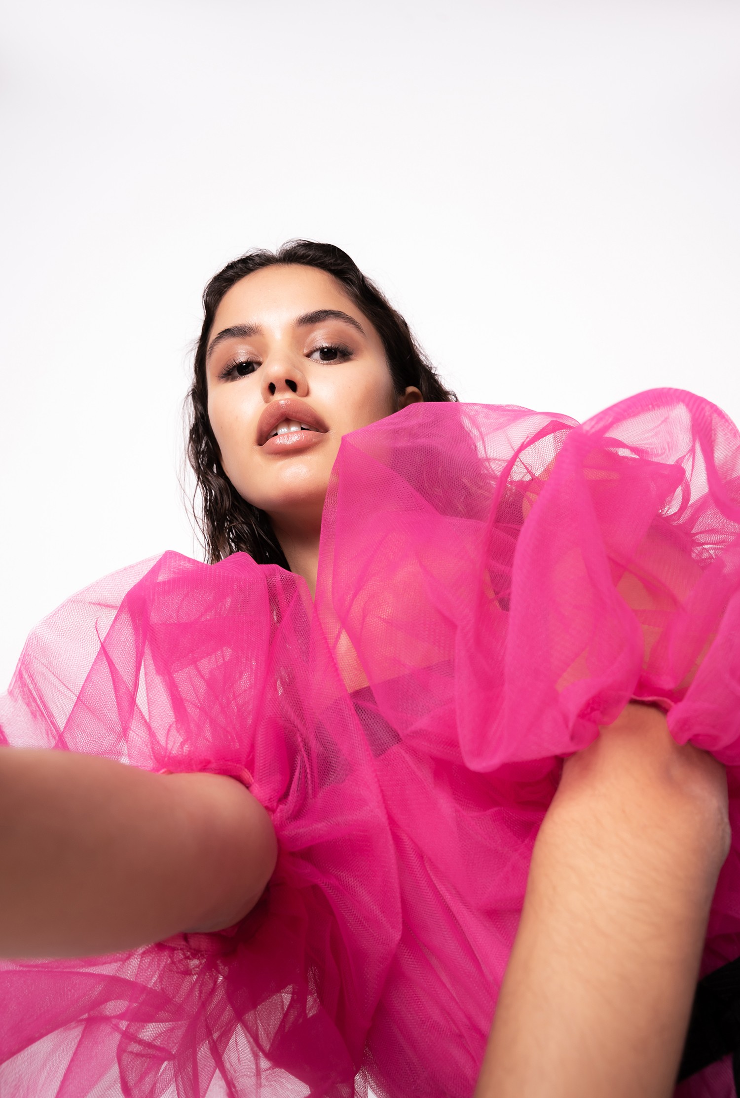 Tulle mini dress with balloon sleeves