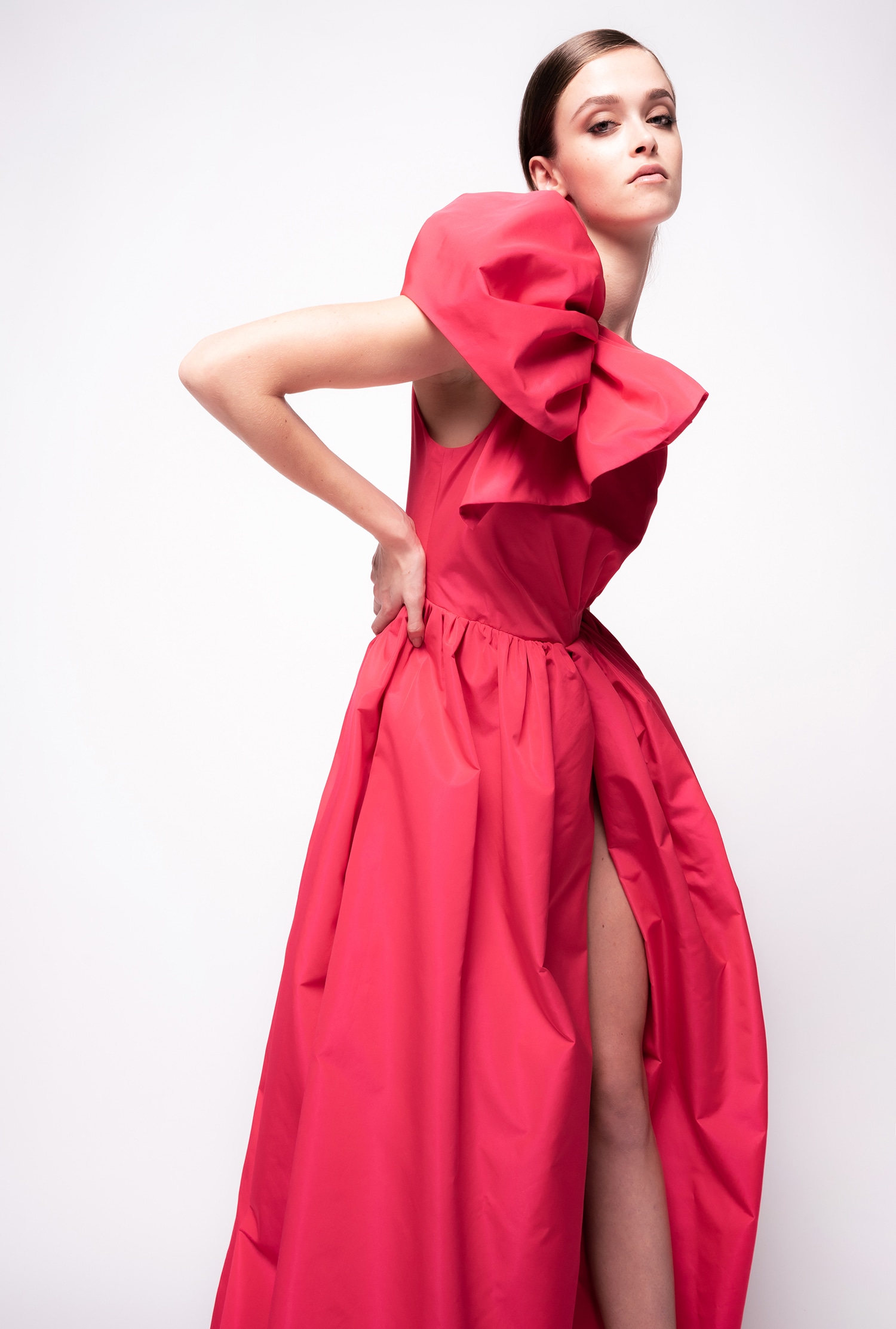 Long one-shoulder taffeta dress