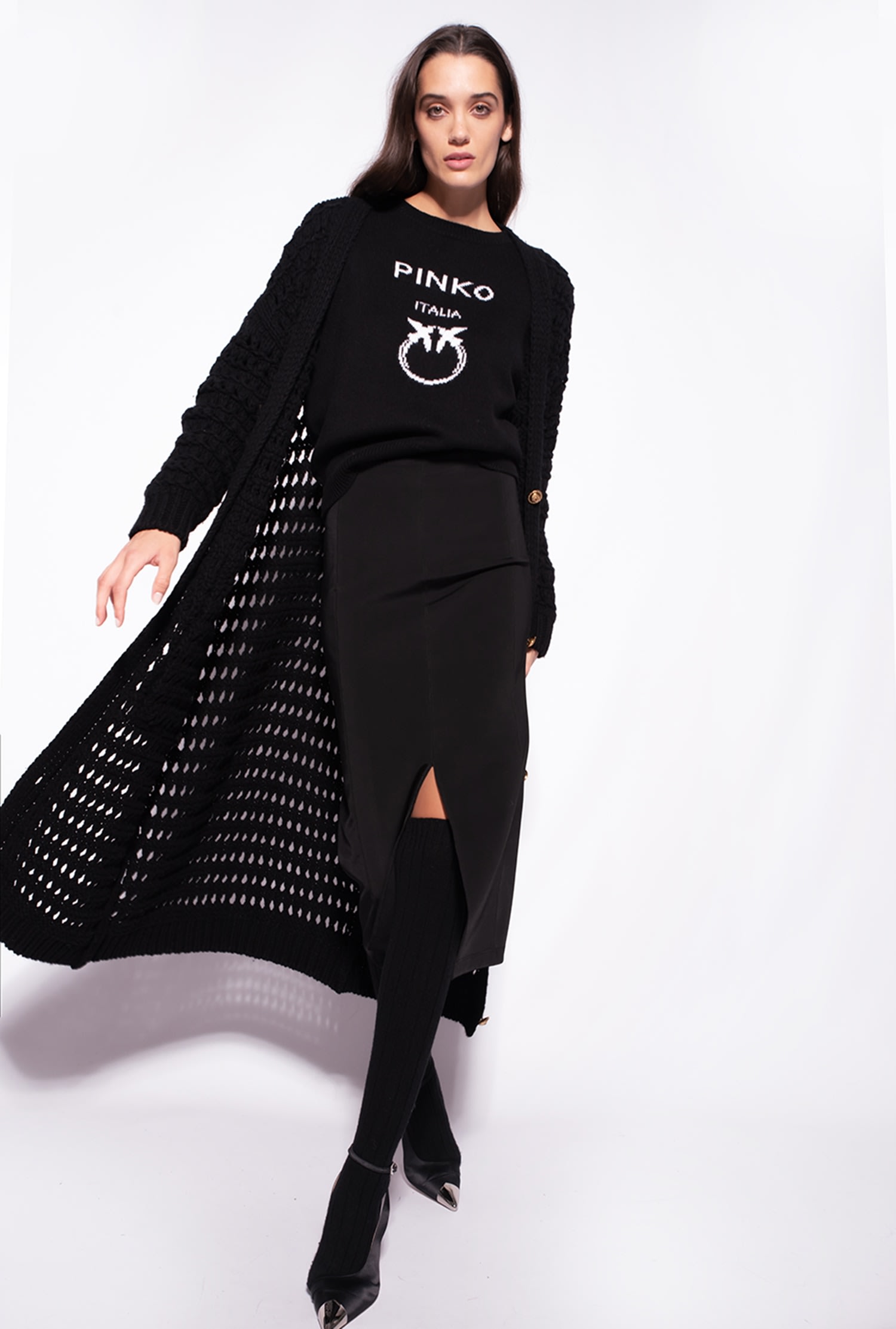 Mesh-stitched maxi cardigan