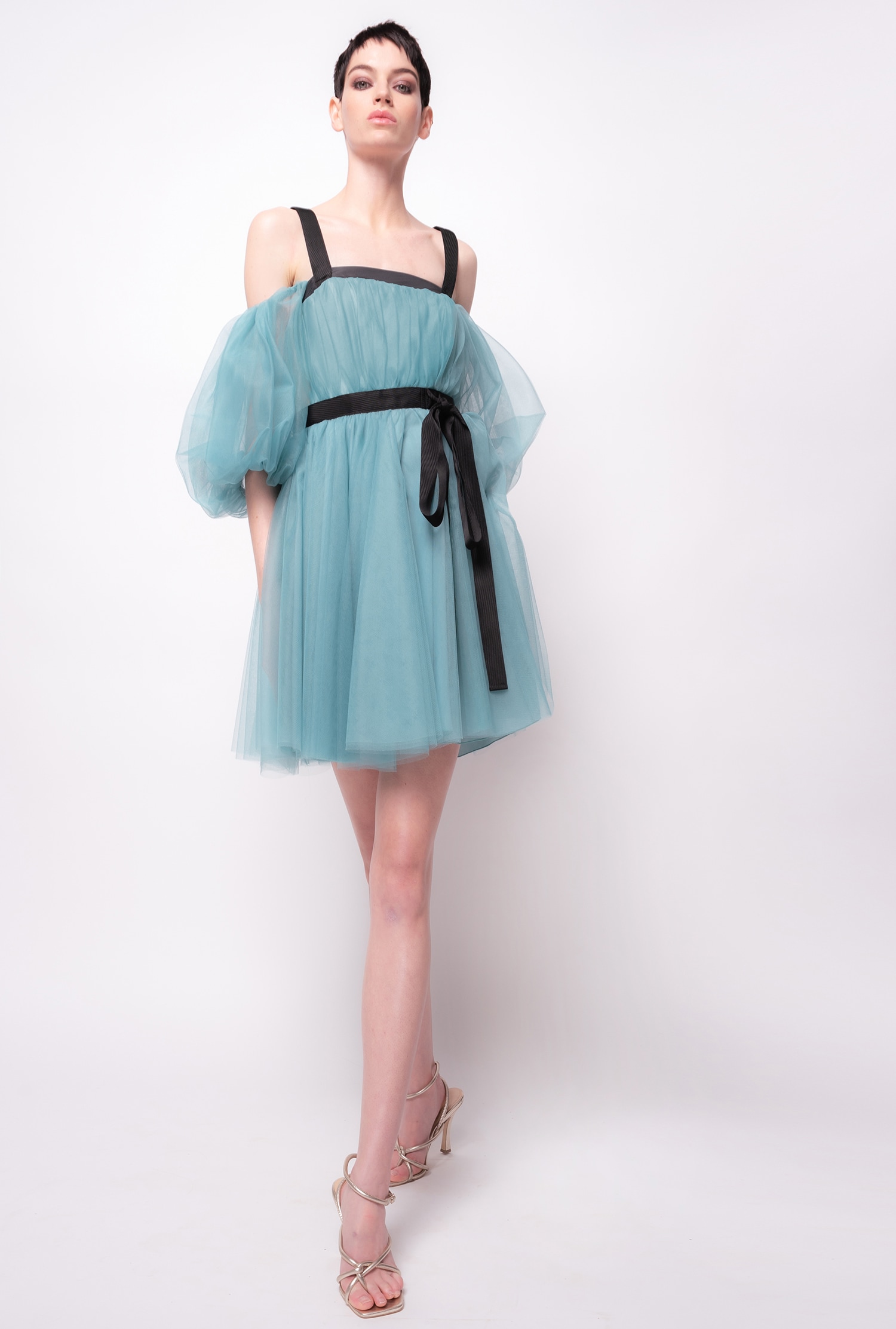 Tulle mini dress with balloon sleeves