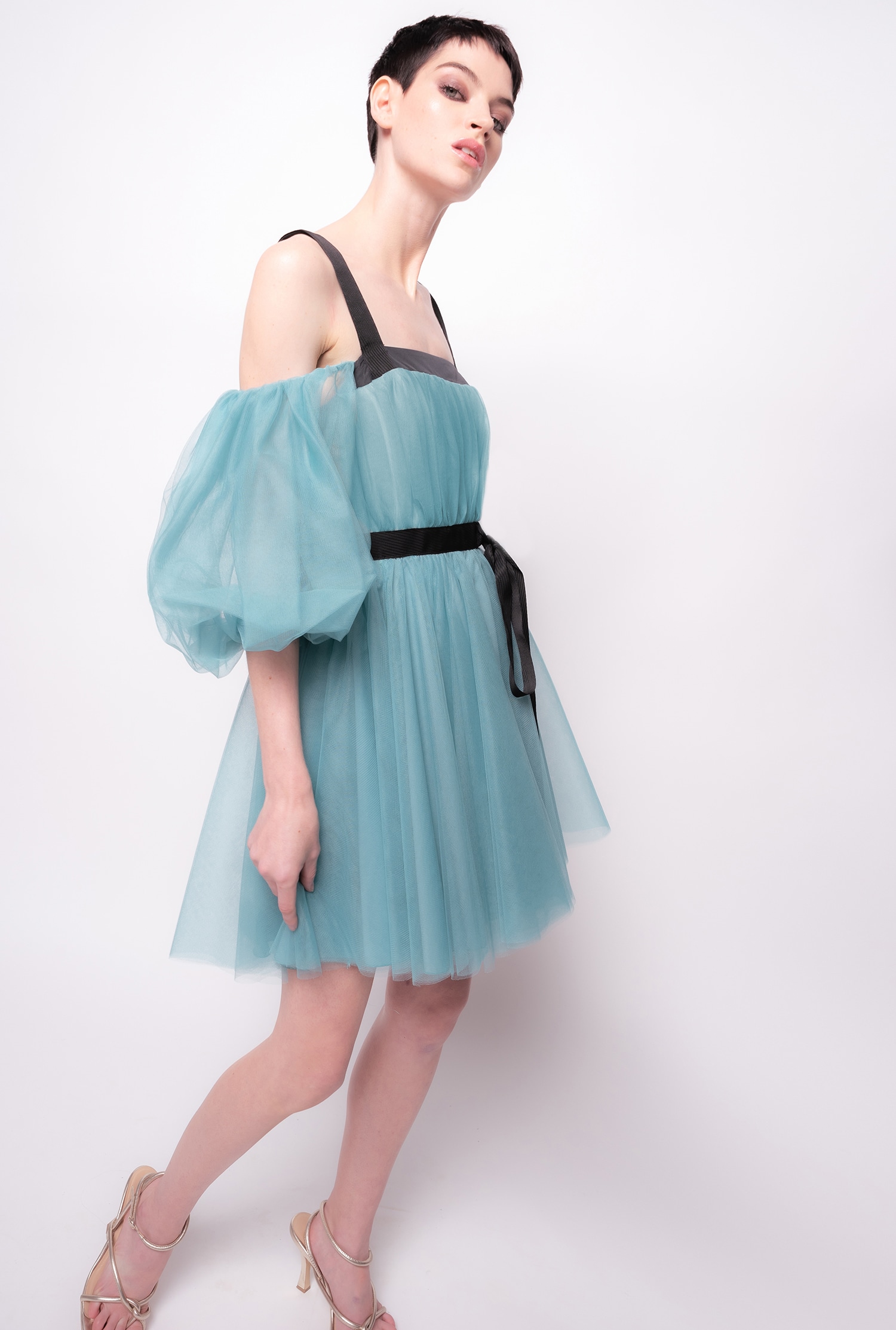 Tulle mini dress with balloon sleeves