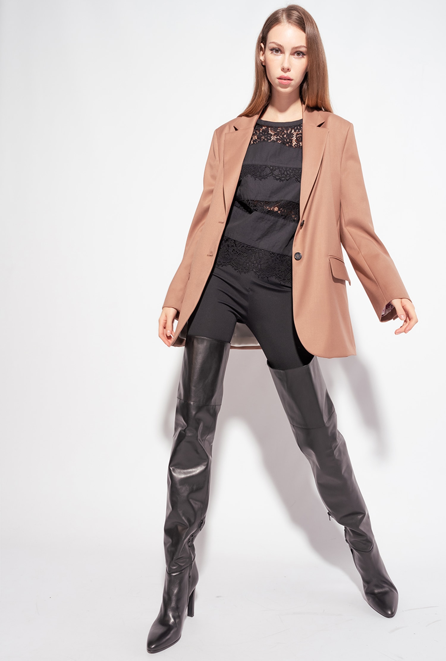 Black denim and lace blouse