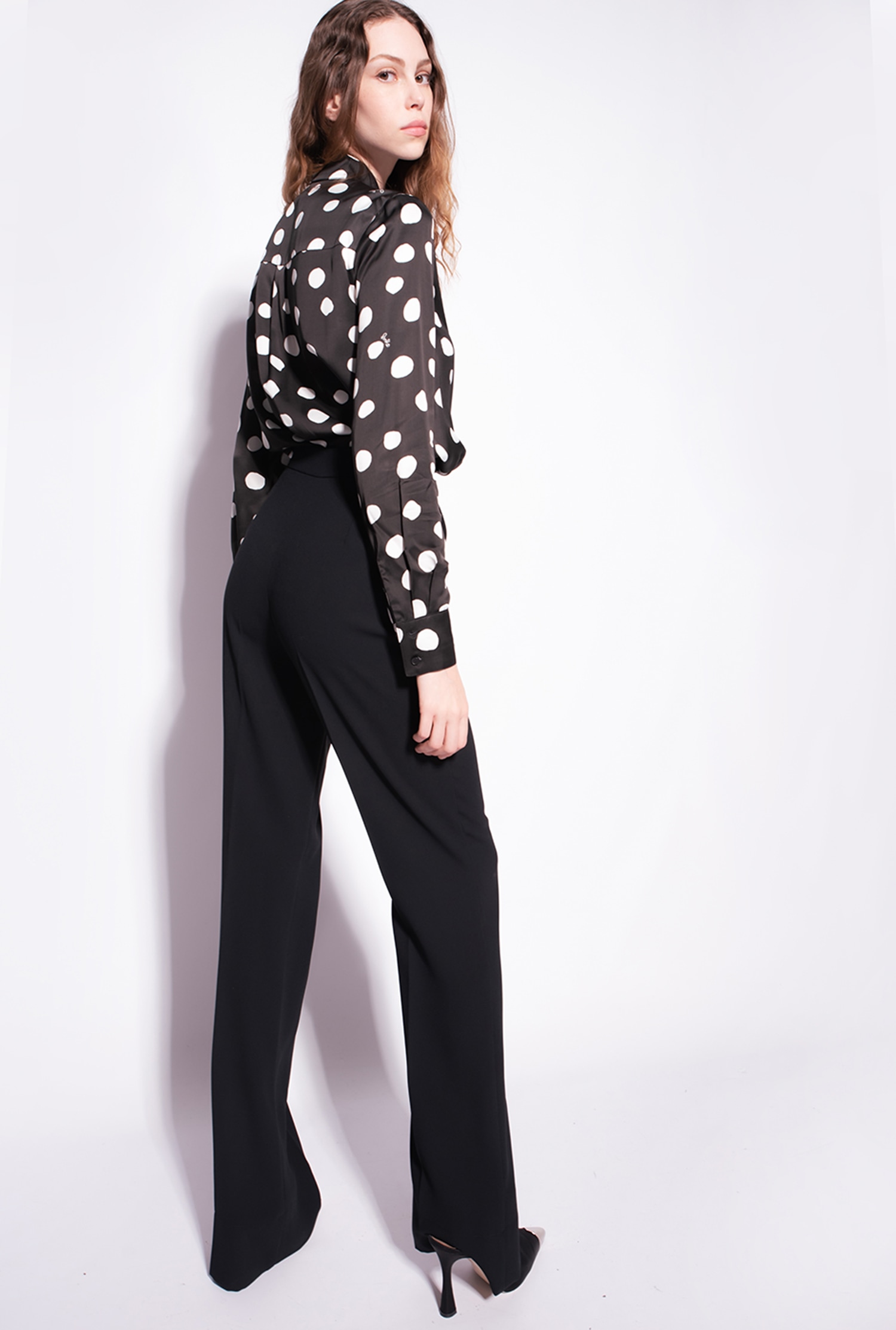 Flared poly crepe trousers