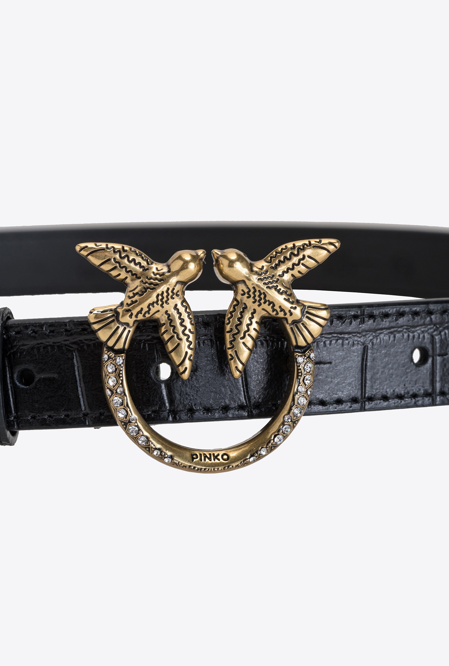 Thin crocodile-print Love Birds leather belt
