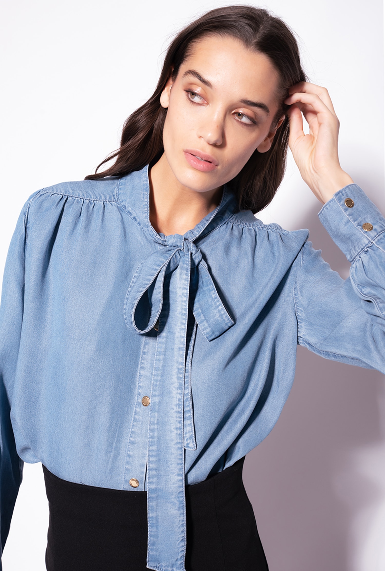 Light denim pussy-bow shirt