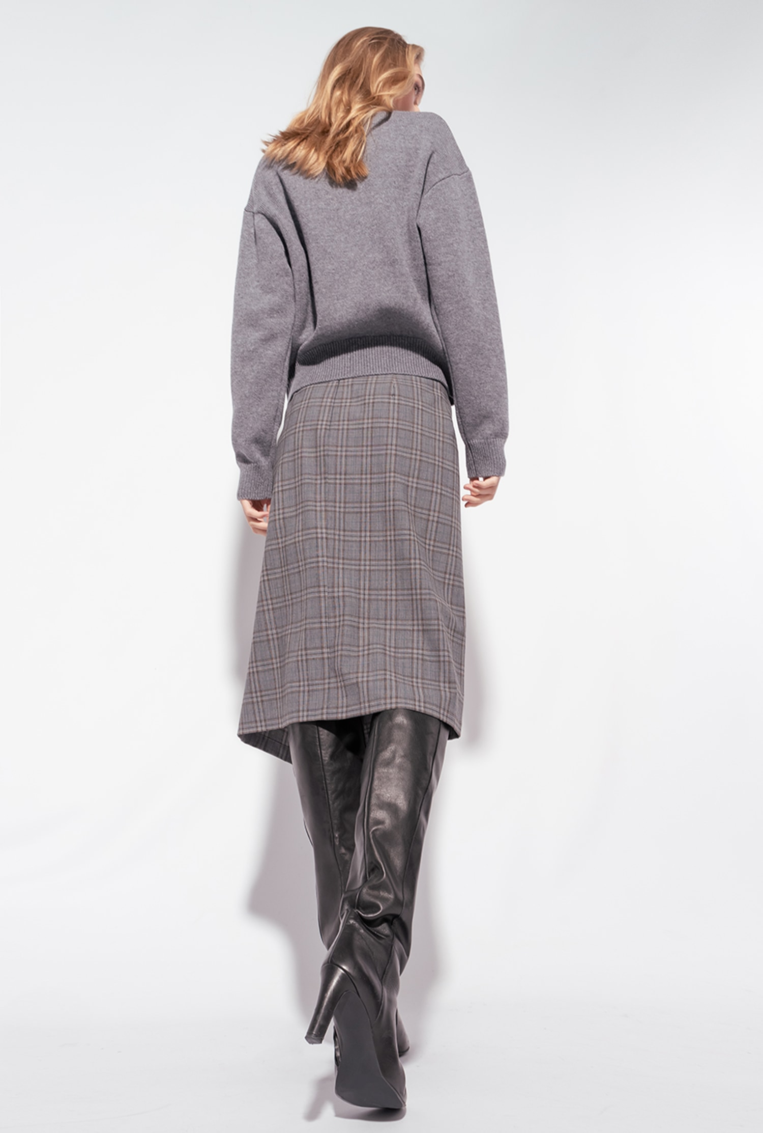 Calf-length check skirt