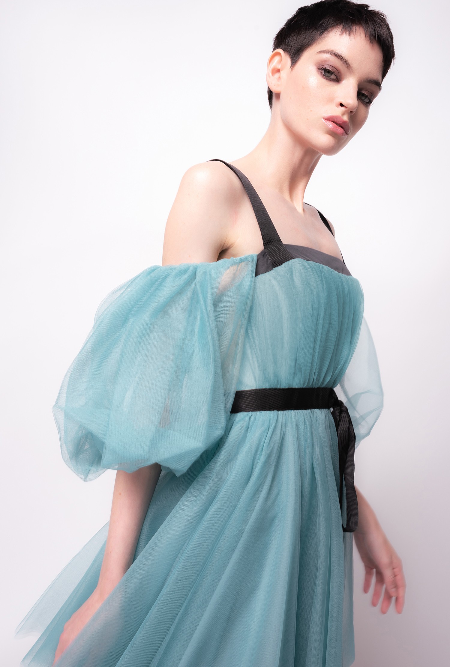 Tulle mini dress with balloon sleeves