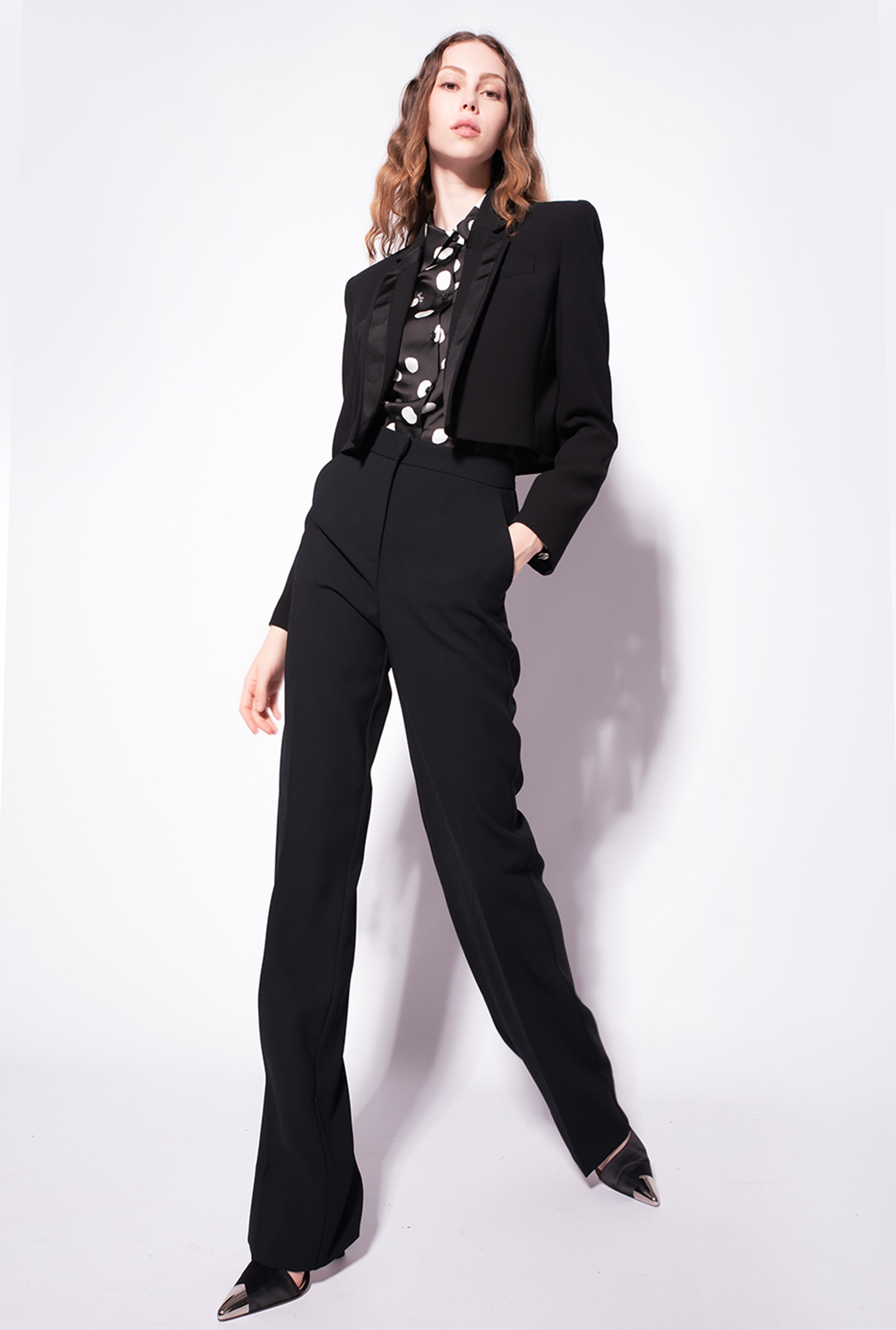 Flared poly crepe trousers