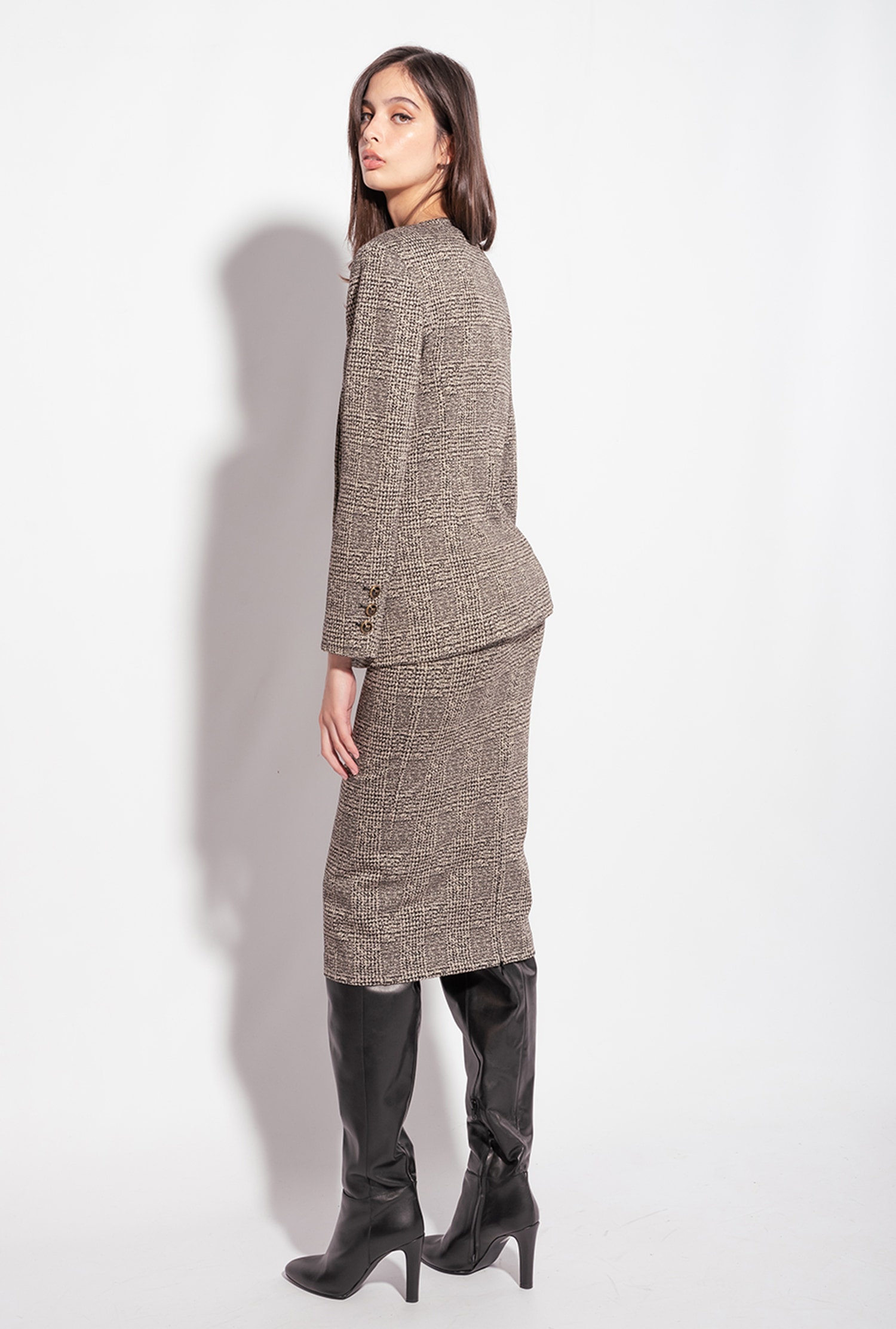 Calf-length check skirt