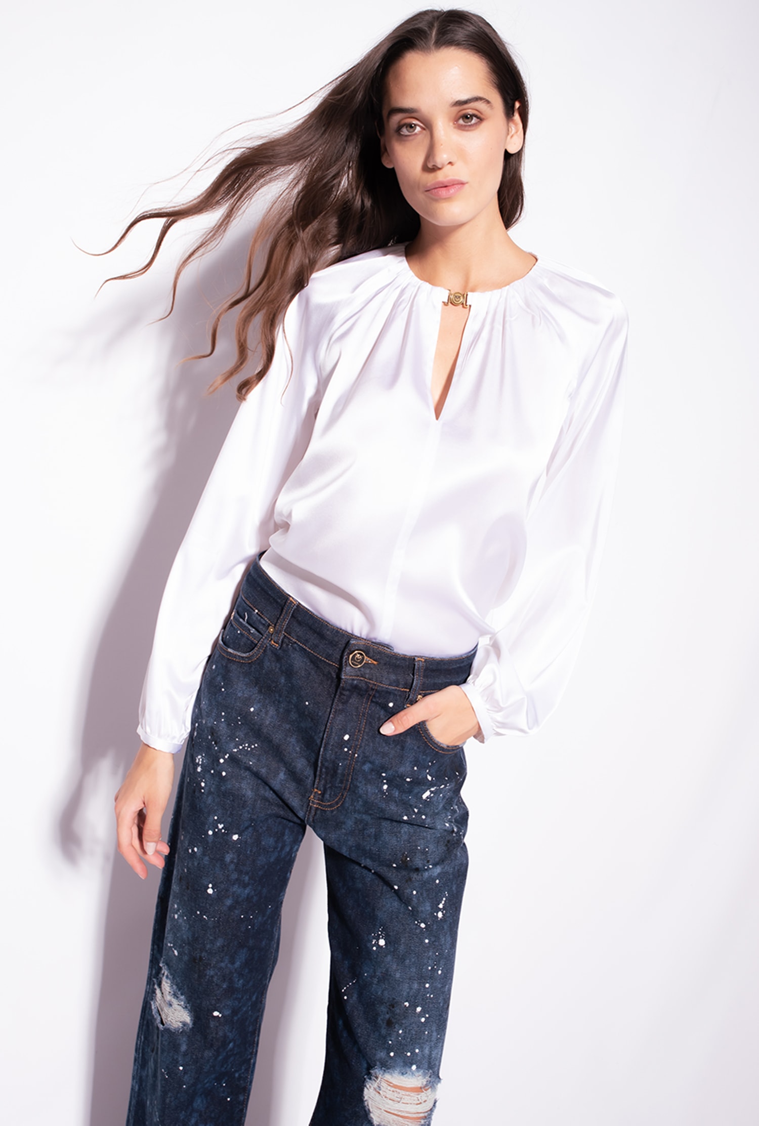 Long-sleeved stretch satin blouse