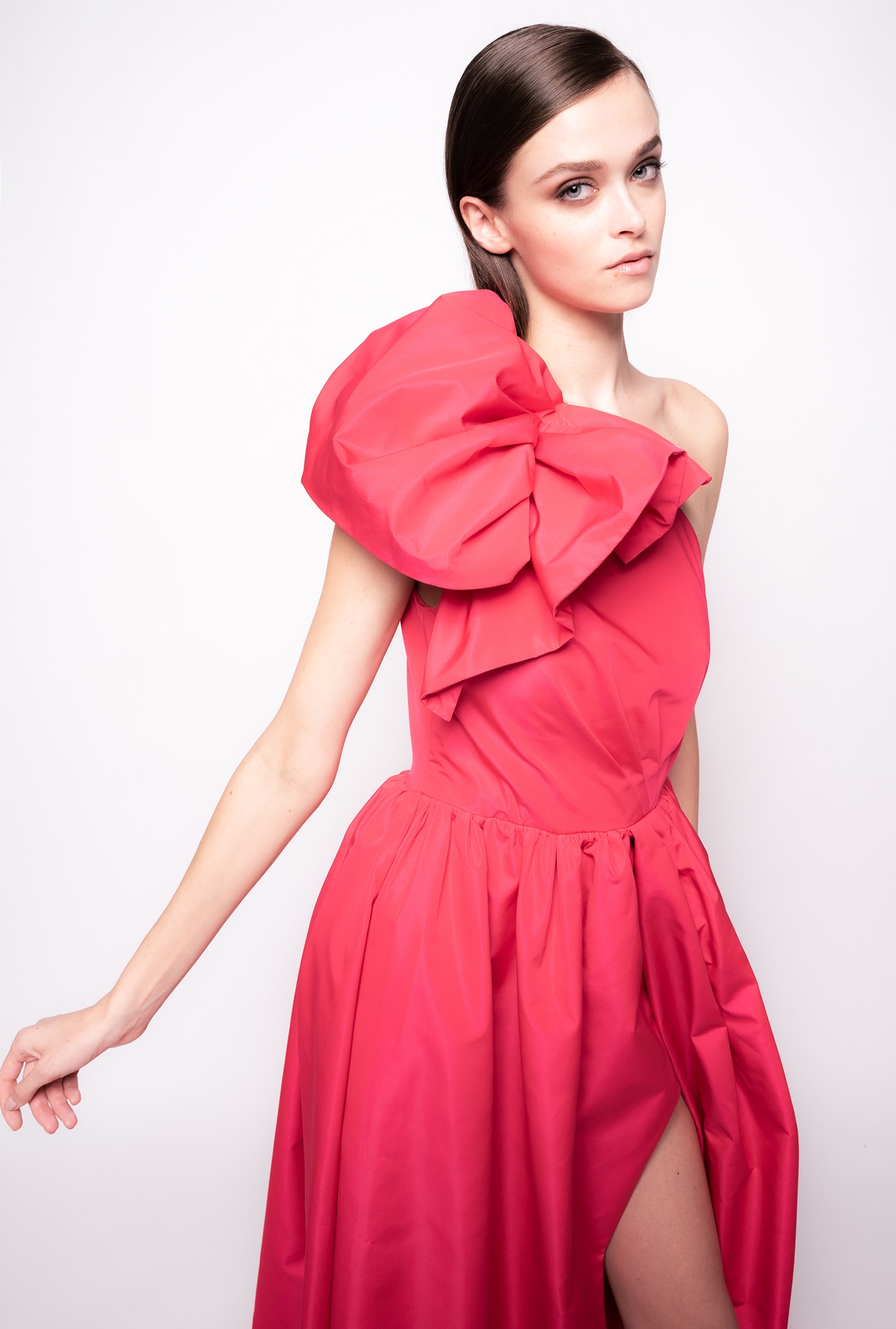Long one-shoulder taffeta dress