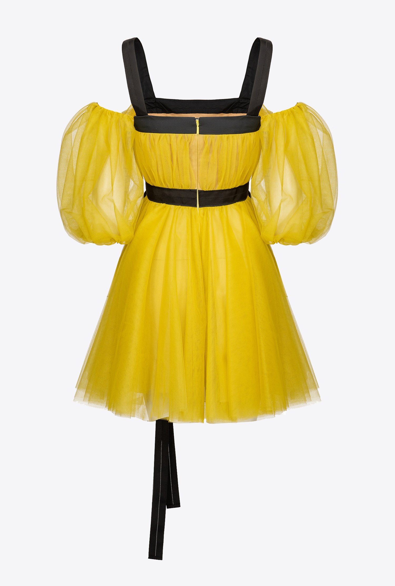 Short balloon-sleeved dress in non-stretch tulle