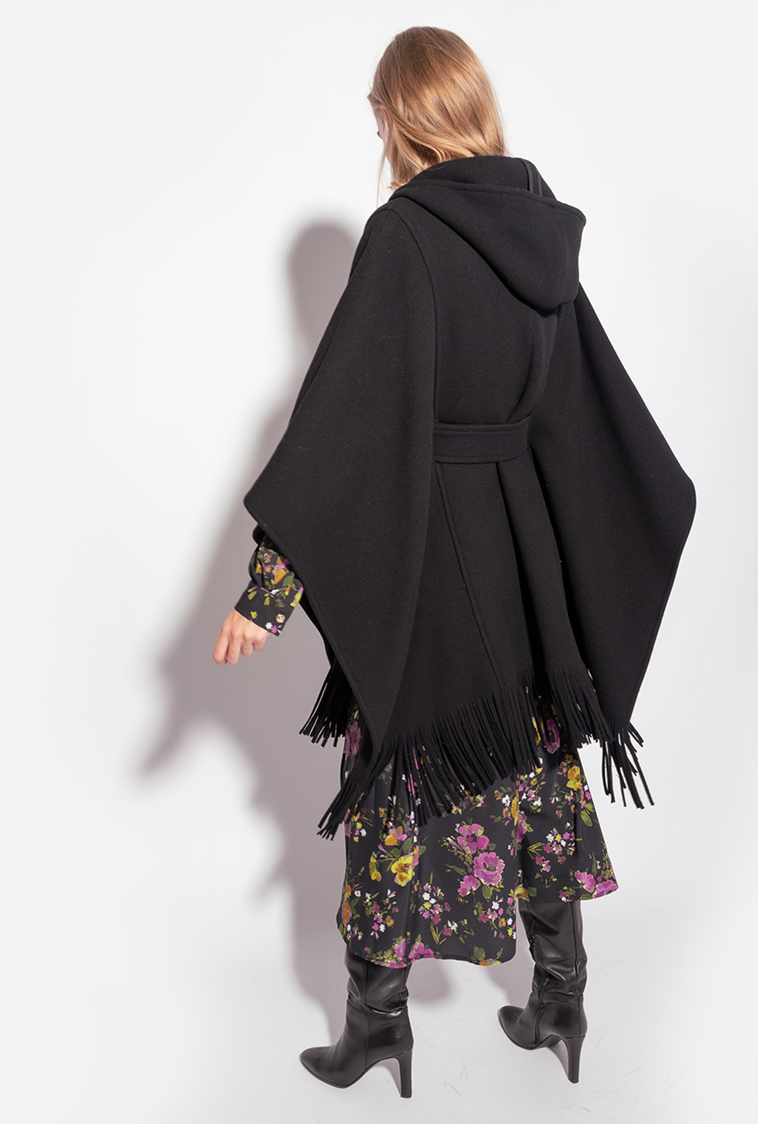 Hooded cape with fringing