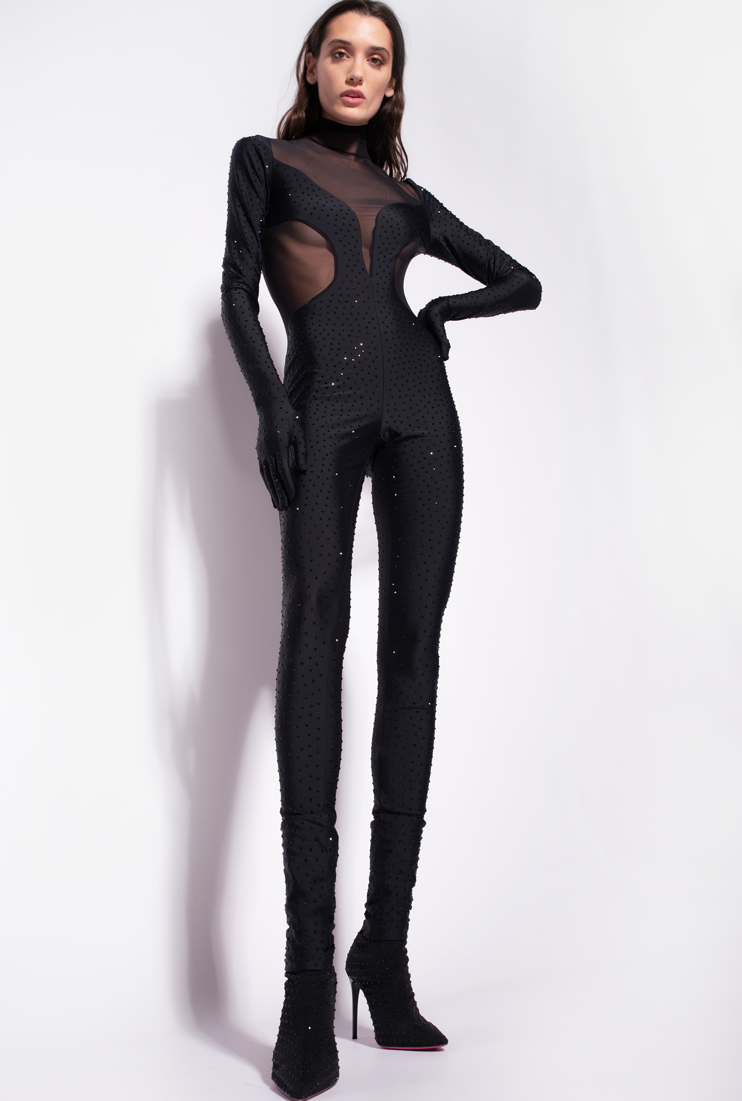Fully rhinestoned tulle and jersey jumpsuit