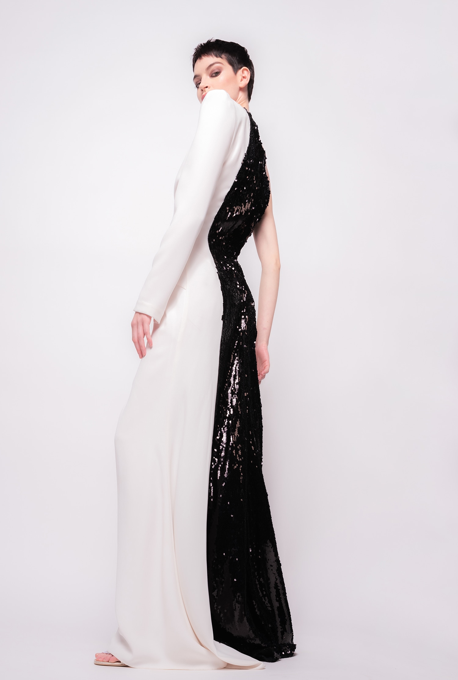 Long one-shoulder dress with sequins
