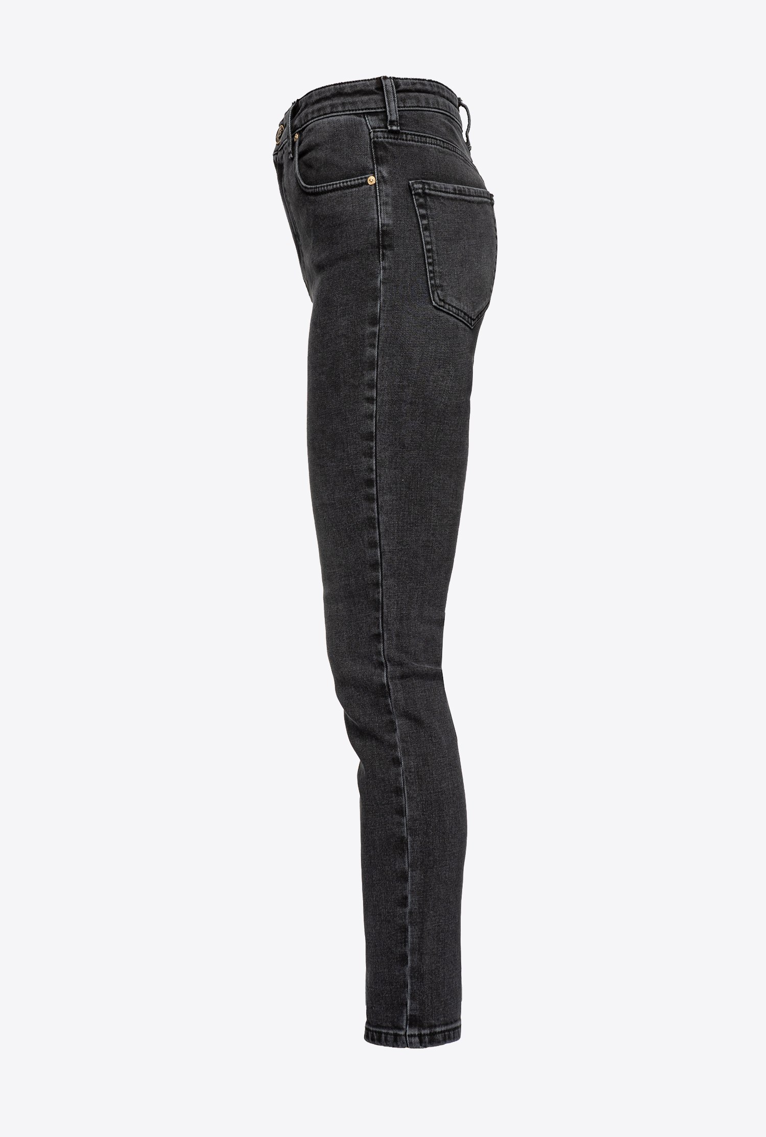 Snug-fitting black denim jeans