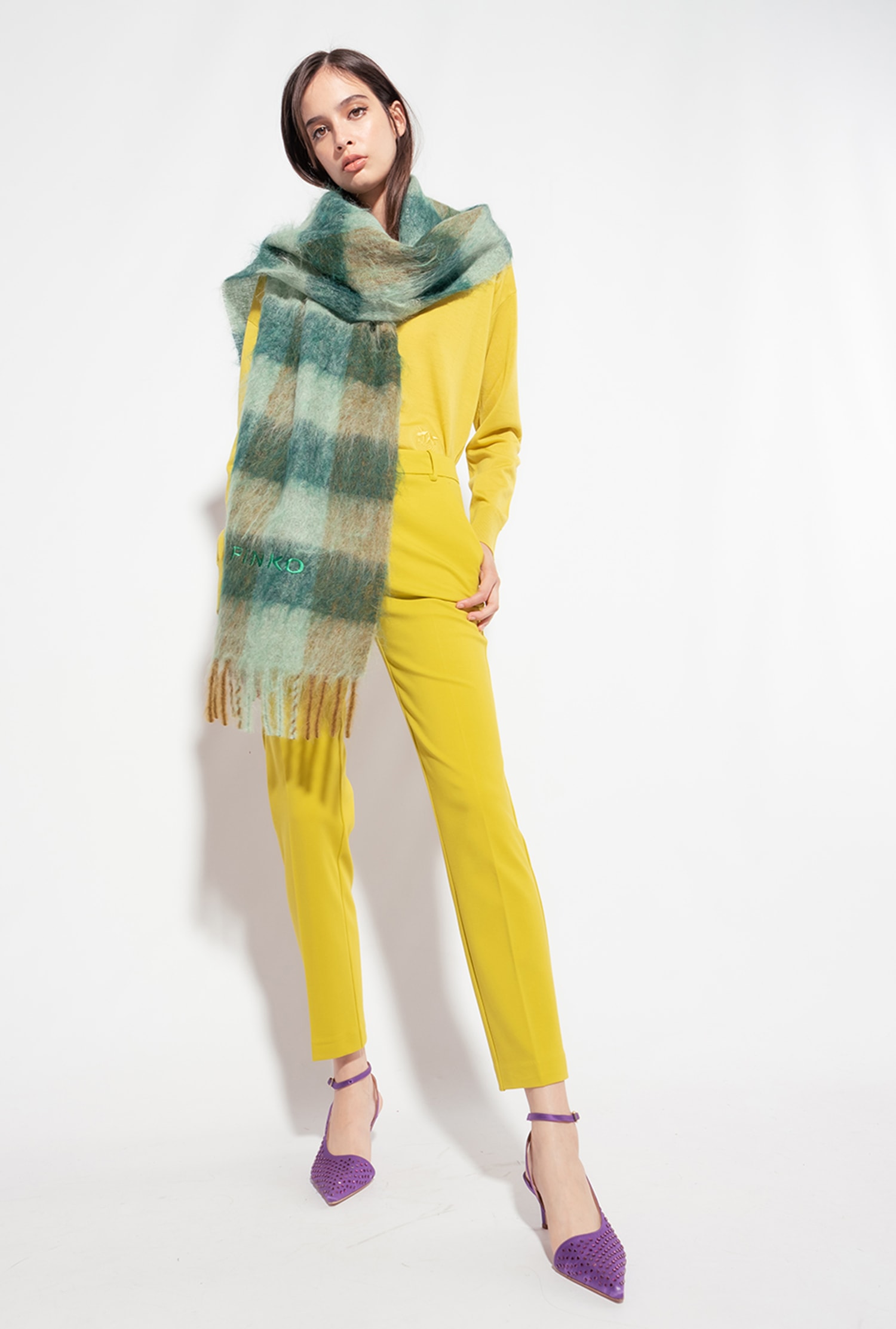 Check scarf with embroidery