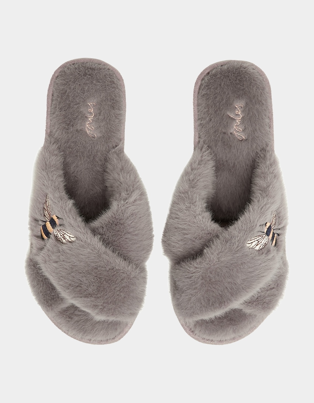Joules Womens Honey Bee Faux Fur Sliders (Grey)