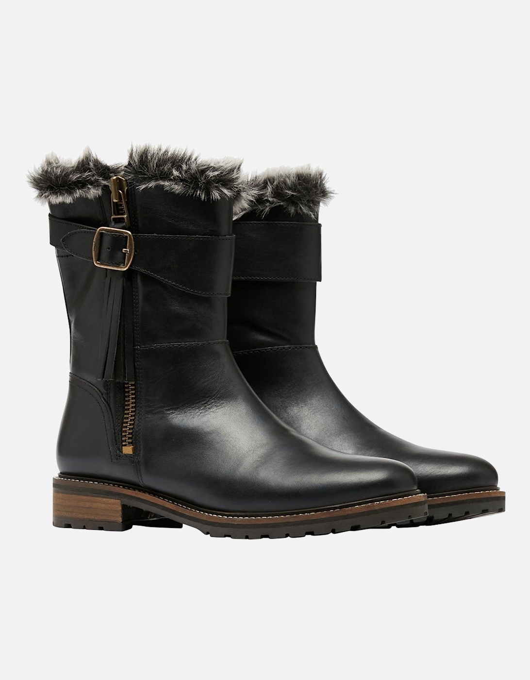 Joules Brompton Faux Fur Mid Height Leather Boot - Black