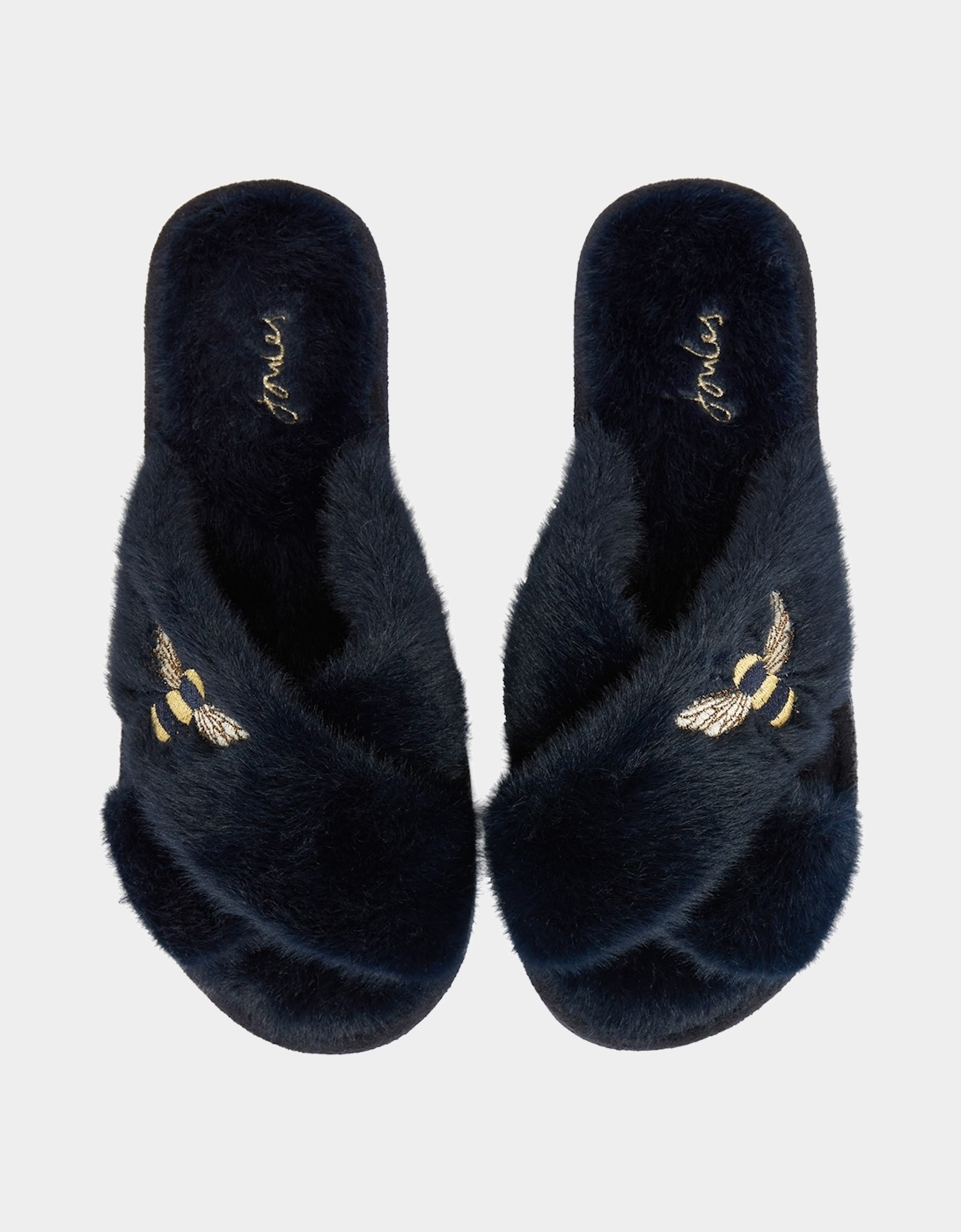 Joules Womens Honey Bee Faux Fur Sliders (Navy)