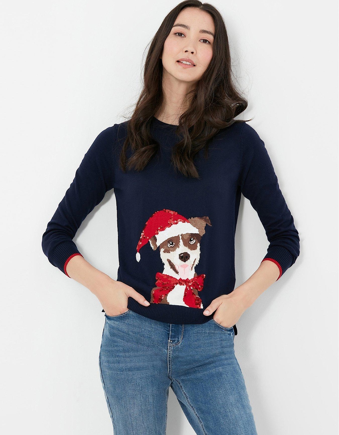 Joules Miranda Festive Dog Crew Neck Jumper - Navy