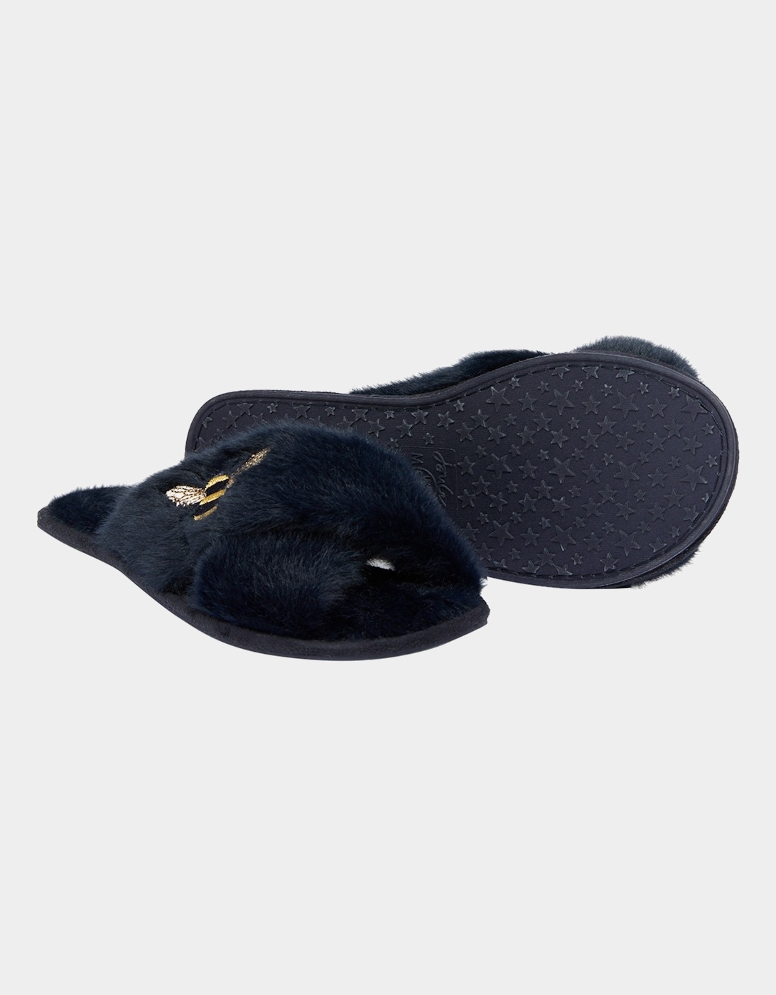 Joules Womens Honey Bee Faux Fur Sliders (Navy)