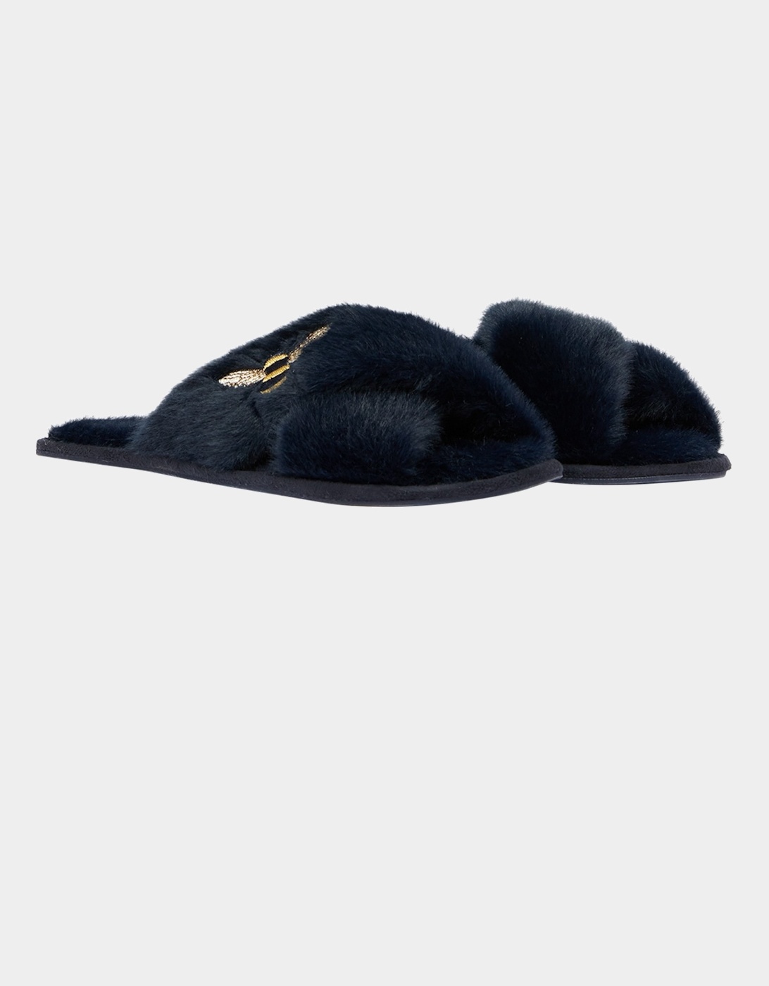 Joules Womens Honey Bee Faux Fur Sliders (Navy)
