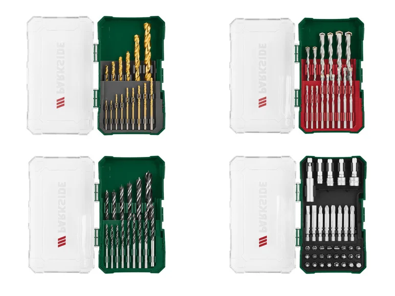 PARKSIDE® Jeu de forets hélicoïdaux HSS ou jeu de forets à pierre ou jeu de forets à bois ou jeu de tournevis à embouts PBB 4 C2 15 pièces ou 37 pièces