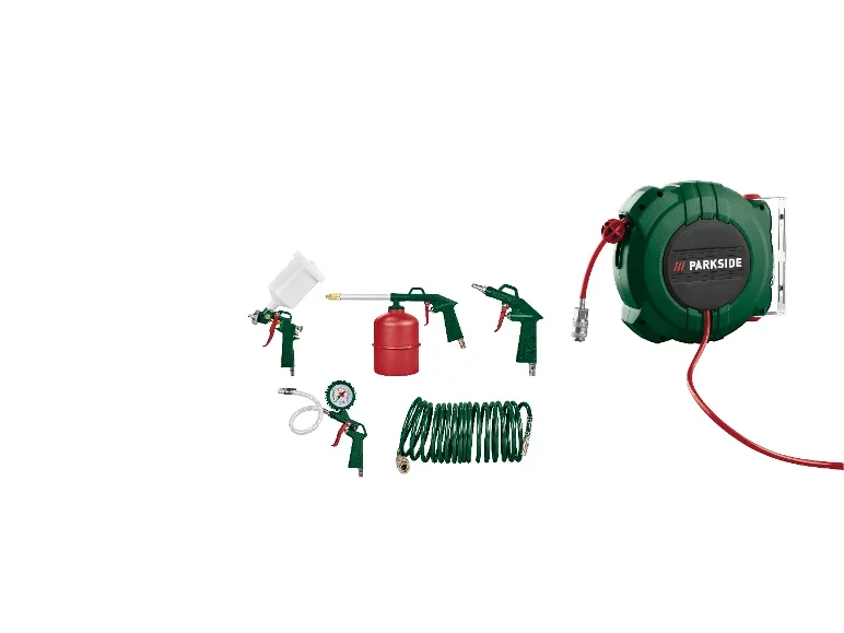 Enrouleur de tuyau pneumatique + Set d'outils pneumatiques