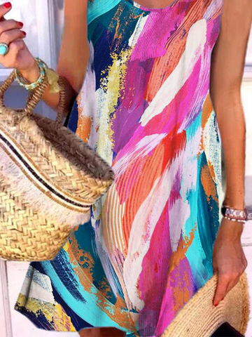 Tropical Print Colorblock Tie-dye Vacation Casual Mini Hawaiian Dress