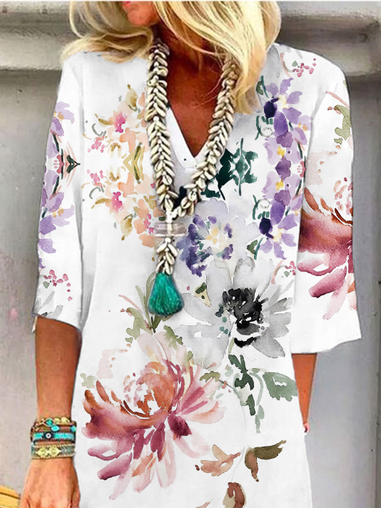V Neck Floral Vacation Casual Mini Dress