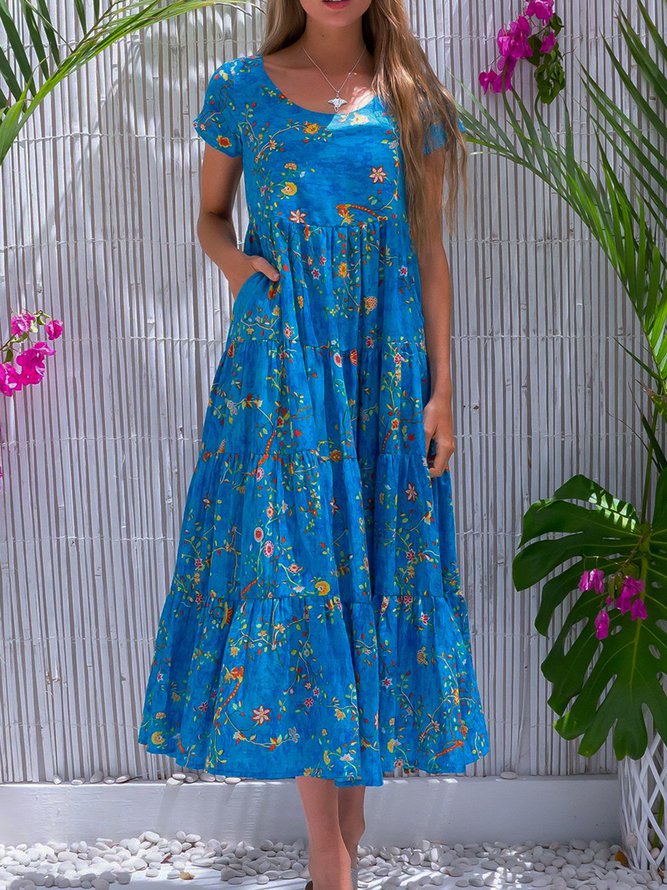 Blue Cotton-Blend Sleeveless Casual Weaving Dress