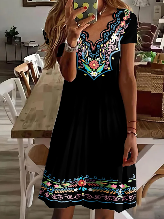 V Neck Tribal Black Vacation Casual Mini Dress