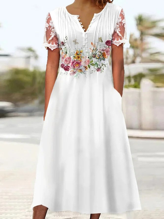 Floral Casual V Neck Lace Floral Summer Dress