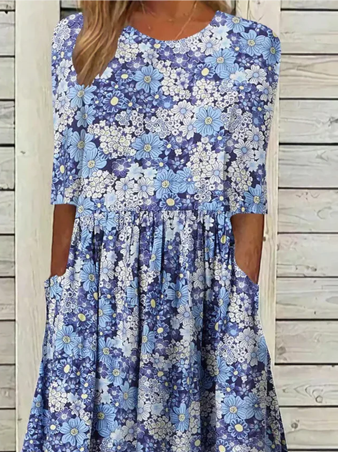 Vacation Knitted Crew Neck Floral Dress