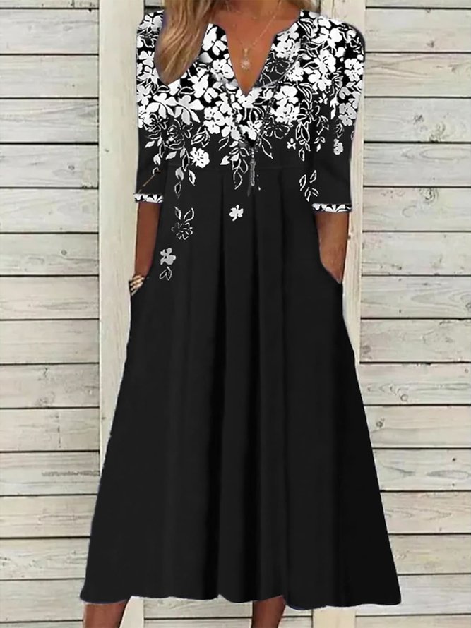 Elegant Henley Neck Loose Floral A-Line Half Sleeve Dress