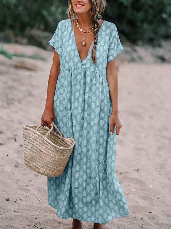 Printed V Neck Shift Casual Floral Maxi Weaving Dress
