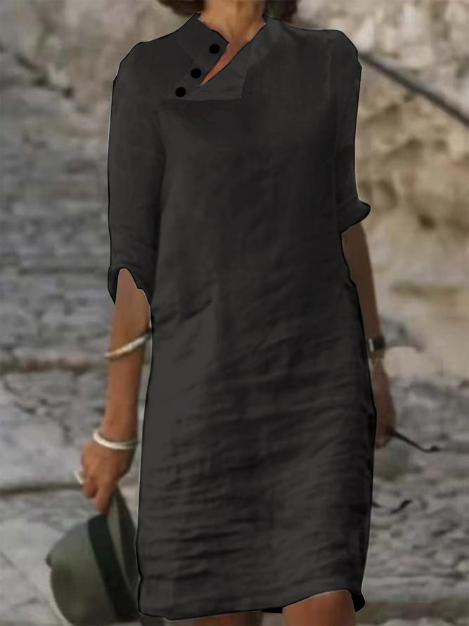 Women Plain Button Detail Casual Cotton And Linen Dress