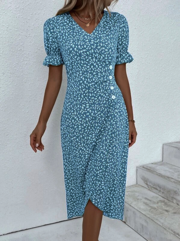 Ditsy Floral Ditsy Flounce Sleeve Wrap Hem Dress