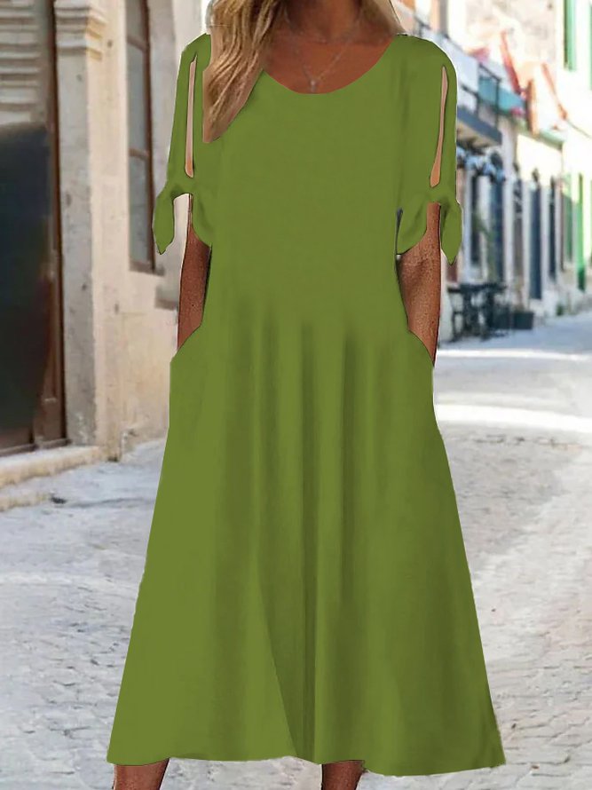 Round Neck Solid Casual Midi Dress