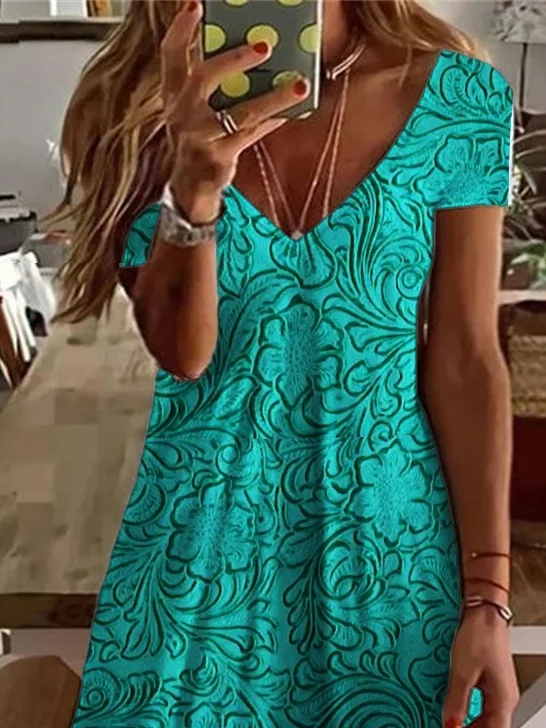 V Neck Casual Loose Floral Dress With No