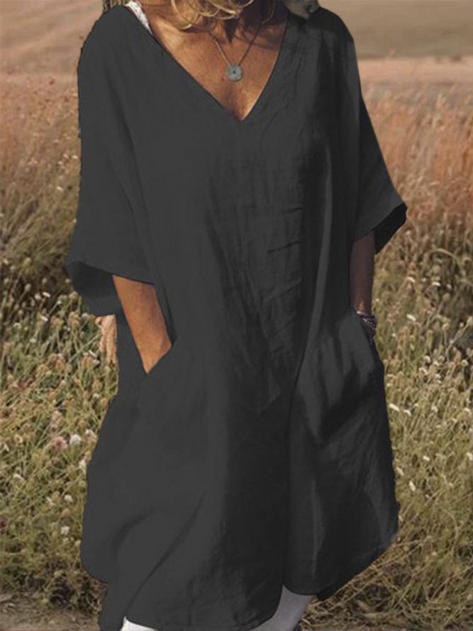 Plus Size Casual V Neck Half Sleeve Pockets Dresses