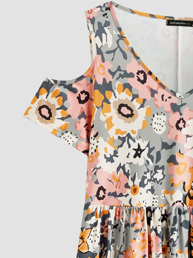 V Neck Floral Casual Midi Dresses