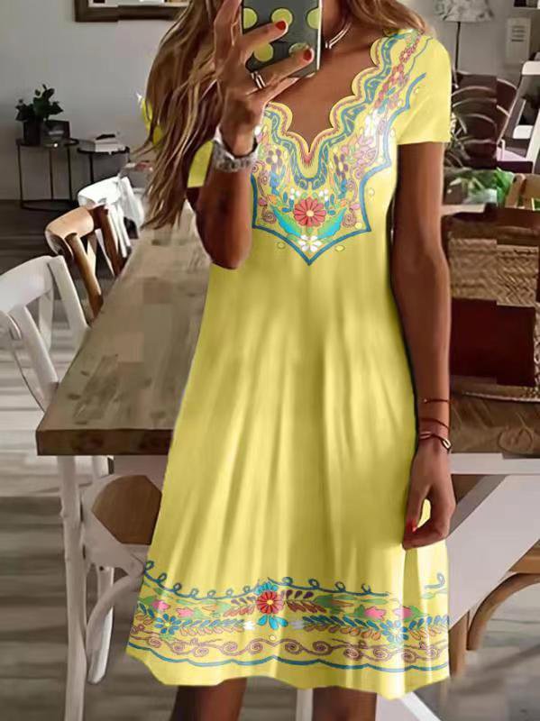 V Neck Tribal Black Vacation Casual Mini Dress