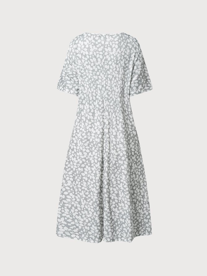 Round Neck Pockets Floral Casual Midi Prom Dress