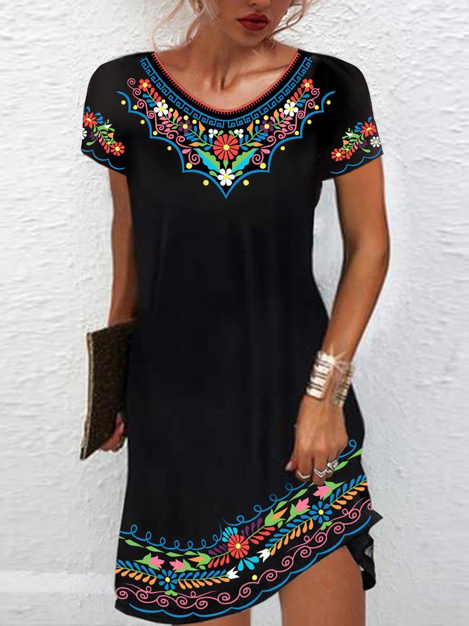 Women's Mexican Dress Midi Dress Black Half Sleeve Summer Crew Neck Tribal Casual