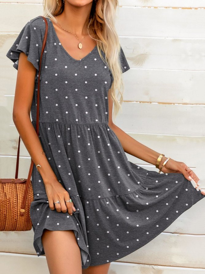 Polka Dots Flouncing V Neck Casual Dress