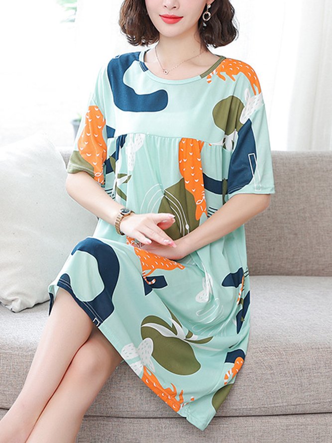 Loose Floral Crew Neck Casual Nightdress