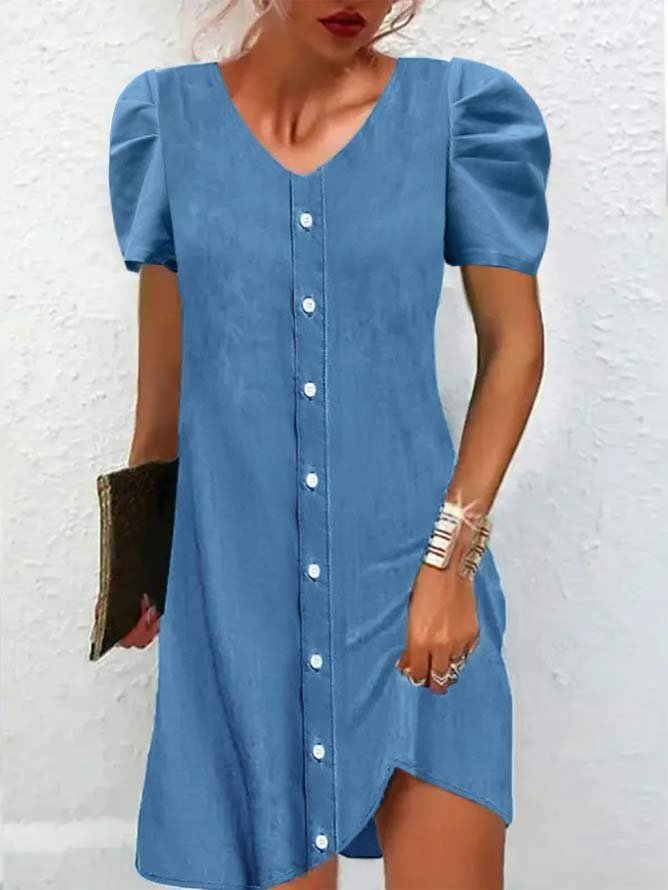 V-neck Casual Loose Denim Single-breasted Short-sleeved Short Dress