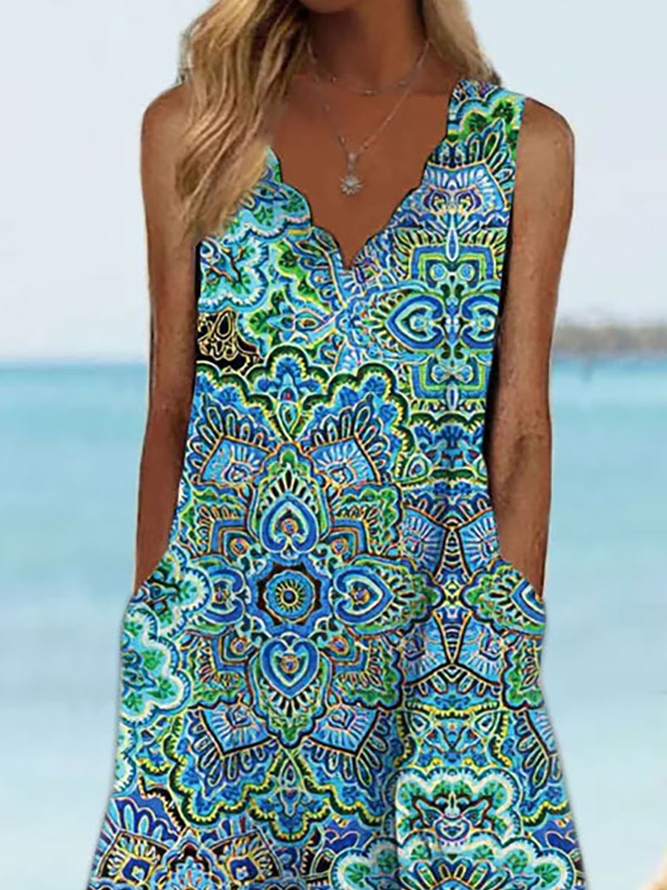 V Neck Tribal Printed?Vacation Beach Midi Dress
